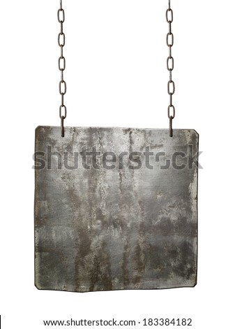 Metal sign hanging on a chain, isolated.
