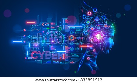 AI or artificial intelligence with the computer brain as a neural network. Programming and Deep machine learning of neural network. Robot Head with cybernetically mind. Abstract Interface elements.
