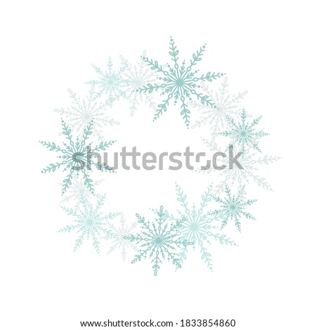 Wreath from blue elegant snowflakes on white background. Garland good for new year greeting cards. Vector Christmas clip art  illustration isolated on white
