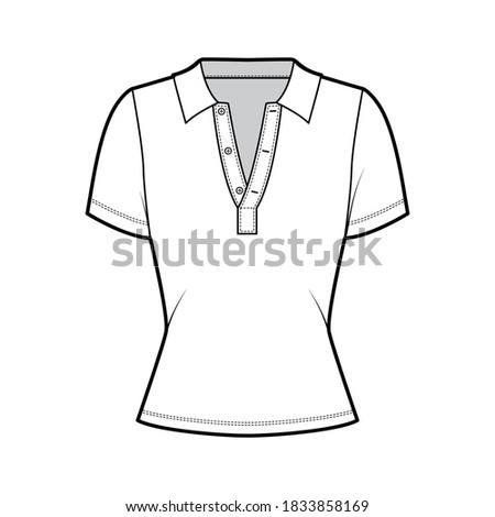 Polo shirt technical fashion illustration with cotton-jersey short sleeves, fitted body, buttons along the front. Flat outwear apparel template front, white color. Women men unisex top mockup
