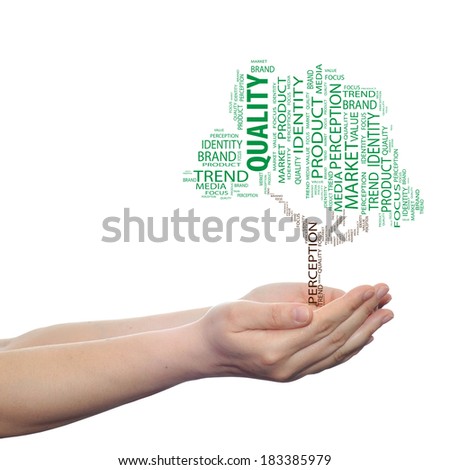 Concept or conceptual tree word cloud tagcloud in man or woman hand isolated on white background, metaphor to business, trend, media, focus, market, value, product, advertising or corporate