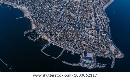 winter town near the sea from a very high altitude