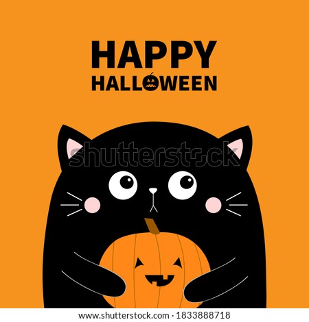 Happy Halloween. Cute cat face head holding pumpkin. Cartoon character. Kawaii baby animal. Boo. Notebook cover, tshirt, greeting card, sticker print. Flat design. Orange background. Isolated. Vector