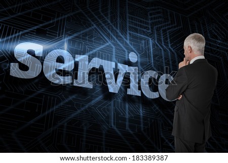 The word service and thoughtful businessman standing back to camera against futuristic black and blue background