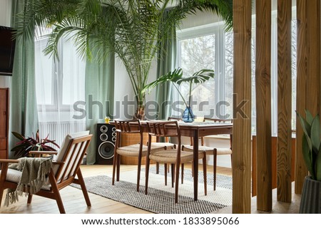 Modern scandinavian home interior of living room with design retro furniture, tropical plant, window, decoration and elegant personal accessoreis in stylish home decor.