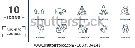 Business Control icon set. Collection of simple elements such as the motivation, process, collaboration, supervisor. Business Control theme signs. Royalty-Free Stock Photo #1833934141