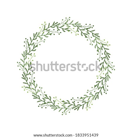 Wreath of green branches, leaves, berries. Elegant border in linear style. Design template for decoration, logo, invitation. Hand drawn doodle frame. Vector illustration isolated on white background