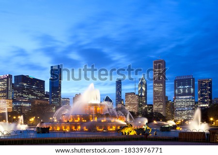 Buckingham Fountain at Grant Park and Downtown skyline, Chicago, Illinois, United States