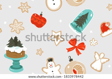 Hand drawn vector abstract fun stock flat Merry Christmas,and Happy New Year time cartoon festive seamless pattern with cute illustrations,of Xmas snow globe and cookies isolated on color background