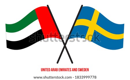 United Arab Emirates and Sweden Flags Crossed And Waving Flat Style. Official Proportion.