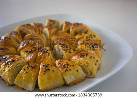 Potato Borek Turkish traditional pastry. Ingredients are: potato, egg, milk, yufka...