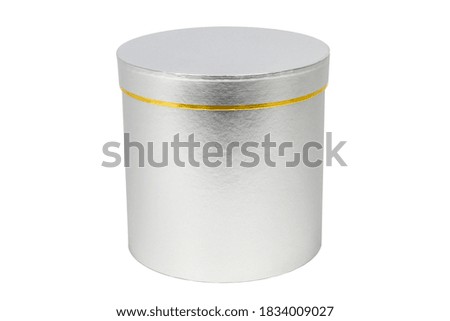 Silver round gift box with gold stripe isolated on white background