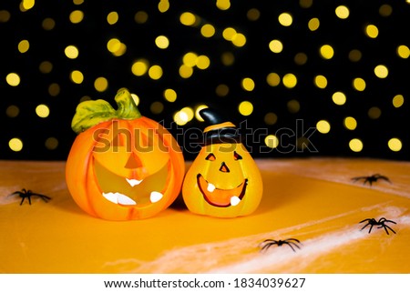  Two orange pumpkins on black background and warm light background. Halloween. Spider web with defocus spiders