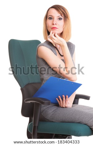 young business woman sitting with her clipboard isolated on white background