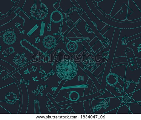 Vector parts of mountain bike line seamless texture. Isolated on gray background.