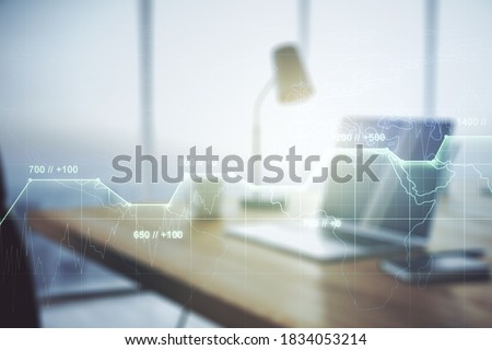 Double exposure of abstract creative statistics data hologram on laptop background, statistics and analytics concept