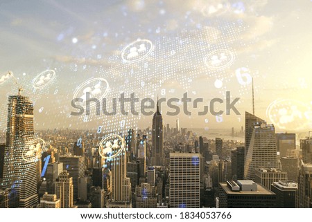 Double exposure of social network icons interface and world map on Manhattan office buildings background. Networking concept