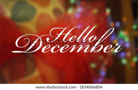 Hello December, christmas gift with red ribbon, christmas card, greeting card, Blurry background