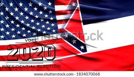 US elections in November 2020, close up of the American flag and State of Mississippi flag.