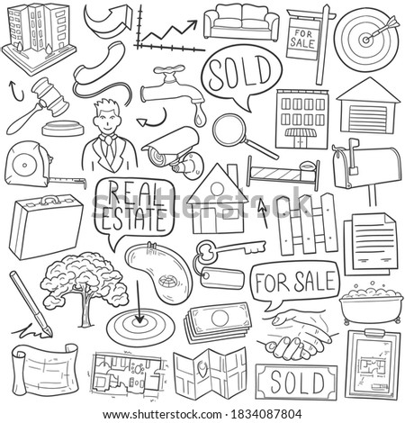 Real State doodle icon set. Sale House Vector illustration collection. Business Hand drawn Line art style.