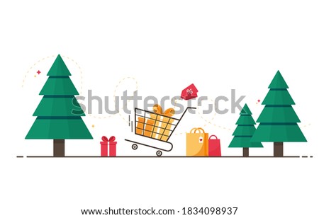 Colorful postcard for winter holidays with pine trees and presents. Sale for Merry Christmas, New Year, xmas. Shopping cart with gifts. December event. Christmas eve. On white background. Eps 10  