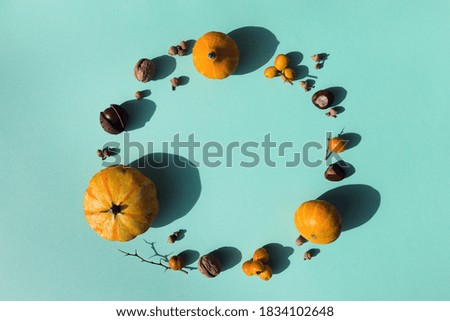Autumn creative composition made of pumpkin, nuts and acorns on colorful background. Autumn, fall, halloween concept. Flat lay, top view.
