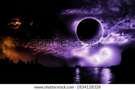 Photoshopped photo of the moon and the stars glowing purple and red.