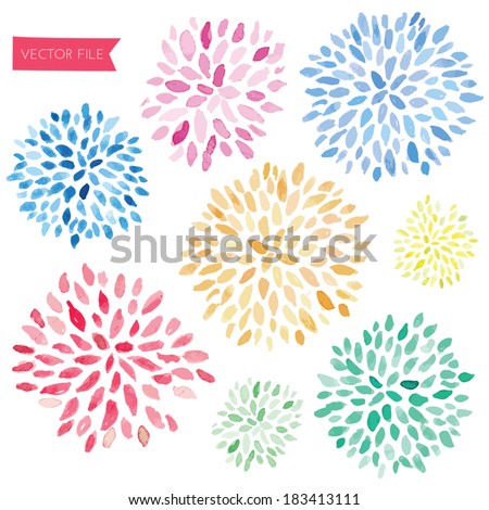 Cute Hand Painted Vector Watercolor Fireworks Flower Sunbursts