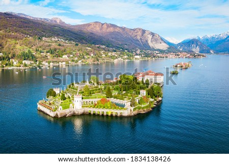 Isola Bella and Stresa town aerial panoramic view. Isola Bella is one of the Borromean Islands of Lago Maggiore in north Italy. Royalty-Free Stock Photo #1834138426