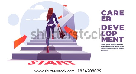 Career development banner. Concept of self build career, personal growth, professional progress. Vector landing page with cartoon illustration of business woman run up stair to top Royalty-Free Stock Photo #1834208029