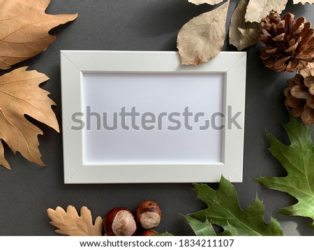 Top view mock up with blank wooden photo frame, autumn leaves, chestnuts and pine cones on gray background