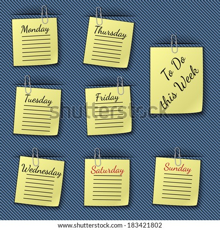 Vector illustration of the week notes clipped to the blue drapery
