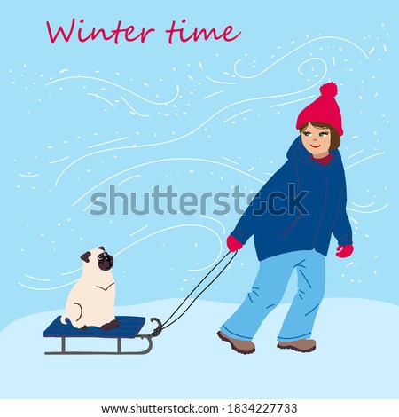Kids cartoon illustration with cute winter characters in flat style. Girl rides dog on sled. Winter time. Post card with text in square format. 