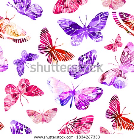 Pink and purple abstract watercolor butterflies, seamless pattern, hand drawn vector illustration