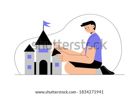 Cute boy constructing castle isolated on white background.  Little child playing on room and constructing fortress. Vector flat illustration. Design for banner, card, flyer, landing page.