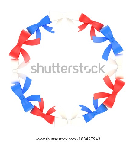 Round empty copyspace frame made of white, red and blue ribbon bows isolated over the white background