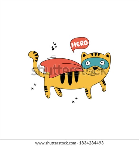A cute superhero cat in comic costume. Hand-drawn animals with speech bubble and phrase «Hero»