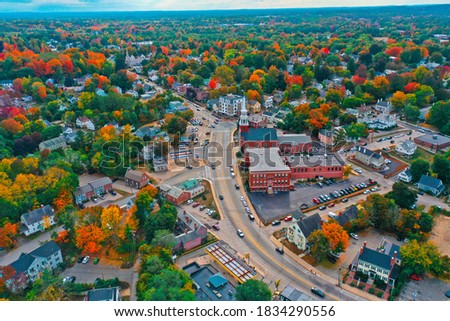 Aerial Drone Photography Of Downtown Dover, NH (New Hampshire) During The Fall Foliage Season Royalty-Free Stock Photo #1834290556