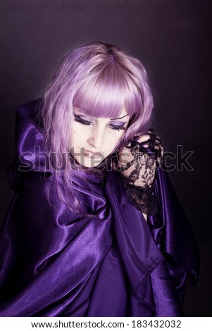 beautiful girl with purple hair in velvet, gothic