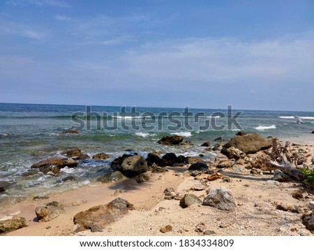 Rocks, waves, white sand, dead tree, and blue sky. Batu Hideung Beach, Pandeglang, Banten, Indonesia