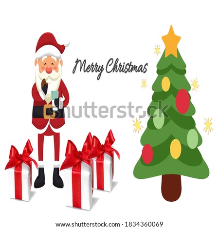 
Merry Christmas Flyer Cards with a Santa carrying some gifts. Christmas Decoration Border made of Festive Elements with Calligraphy Season Wishes. Merry Christmas greeting card 