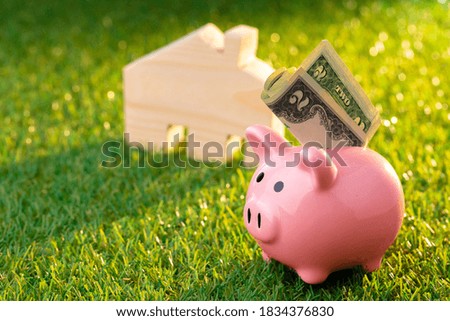 Wooden toy house and piggy bank with money