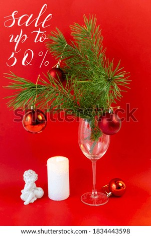 Internet banner, card, flyer about New Year, Christmas discounts, text -  sale up to 50, on a red background