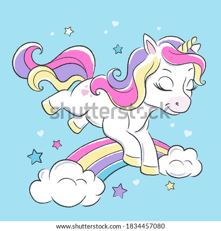 Cute unicorn. Rainbow. Fashion illustration drawing in modern style for clothes.