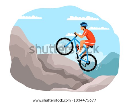 Man on bike, extreme sport adventure. Guy driving bicycles in mountains in summer. Outdoor risky recreation vector illustration. Lifestyle in nature and on vacation.