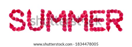 Floral word Summer made from purple peony petals isolated on white background. Decorative natural set of English letters from flower petals