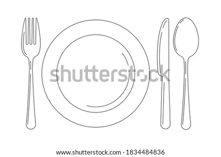 Silverware line art icon set isolated on white background. Top view lineart cutlery - fork knife spoon and serving plate design template. Vector flat design outline style logo illustration.