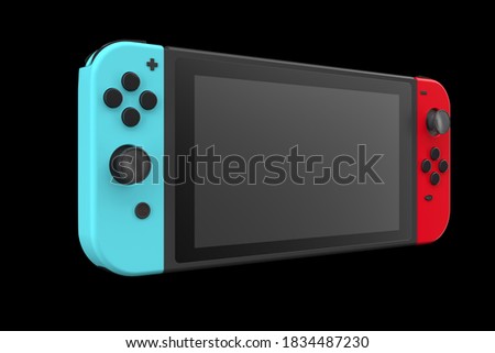 Realistic video game controllers attached to touch screen isolated on black with clipping path. 3D rendering of blue and red gamepad for online gaming