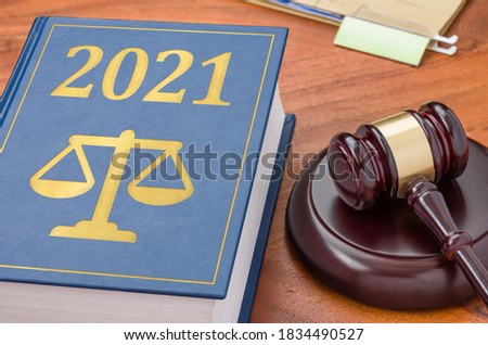 Law book with a gavel - 2021 Royalty-Free Stock Photo #1834490527