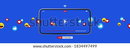smartphone with online live streaming, video player interface and full of positive feedbacks, like icon, love icon and smile icon, concept of social media and work from home as new normal Royalty-Free Stock Photo #1834497499